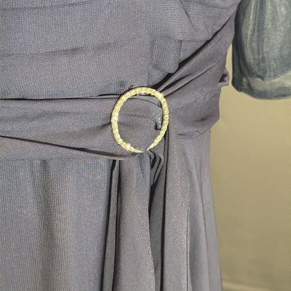 Women’s Navy Blue Pleated Chiffon Formal Dress Corset Back Sheer Sleeve Size 16W - Picture 3 of 12